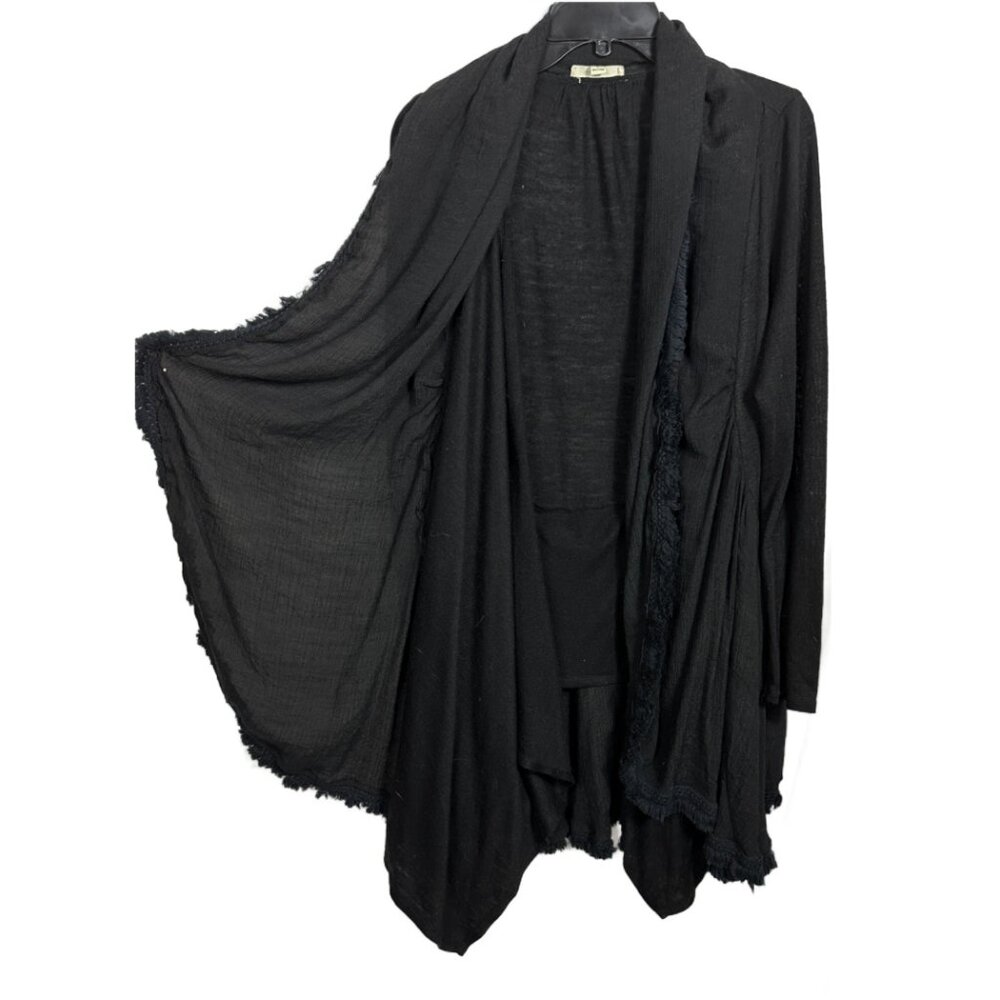 OntheLand Black Fringe Shawl Collar  - Large